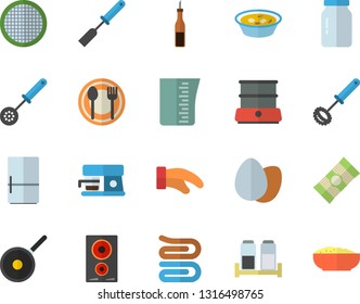 Color flat icon set teflon flat vector, meashuring cup, potholder, kitchen spatula, spoon, whisk, towel, induction cooker, double boiler, fridge, spice, coffee machine, glass jar, sieve, spaghetti