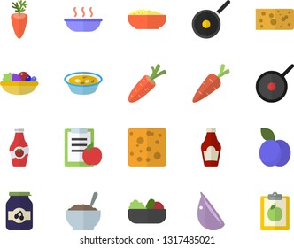 Color flat icon set teflon flat vector, ketchup, cheese, salad, soup, porridge, carrot, garlic, jam, plum, diet