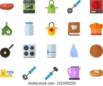 Color flat icon set teflon flat vector, weighing machine, electric kettle, cook hat, apron, potholder, kitchen spoon, whisk, towel, meat hammer, stove, cookbook, fridge, food processor, glass jar