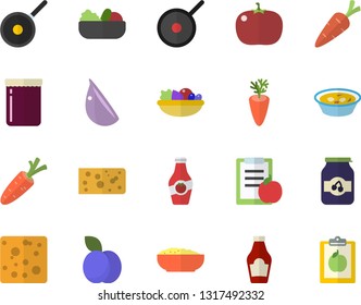 Color flat icon set teflon flat vector, ketchup, cheese, salad, soup, porridge, carrot, garlic, tomato, jam, plum, diet