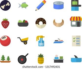Color flat icon set teflon flat vector, croissant, canned food, donut, salad, fish, Strawberry, pineapple, pulverizer, garden wheelbarrow, forest, store front, bone fracture, office worker, pencil