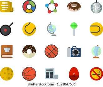 Color flat icon set teflon flat vector, kitchen egg timer, cookbook, donut, lollipop, molecules, clircle diagram, document, moon, globe, basketball, tennis ball, disco fector, camera, no smoking