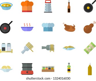 Color flat icon set teflon flat vector, cook hat, double boiler, spice, grater, spaghetti, sauce, on a fork, soup, chicken, canape, mustard