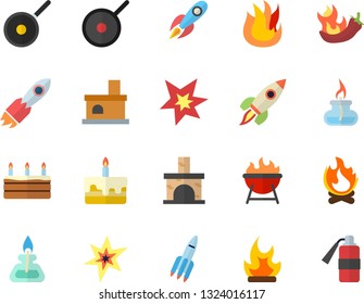 Color flat icon set teflon flat vector, fire, barbecue, cake, hot peppers, bonfire, fireplace, rocket, gas burner, spark, extinguisher