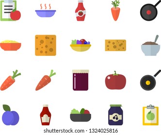 Color flat icon set teflon flat vector, ketchup, cheese, salad, soup, porridge, carrot, tomato, jam, plum, diet