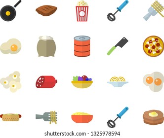 Color flat icon set teflon flat vector, whisk, knives, flour, sausage, canned food, spaghetti on a fork, hot dog, pizza, salad, porridge, chop, popcorn, scrambled eggs, pancakes