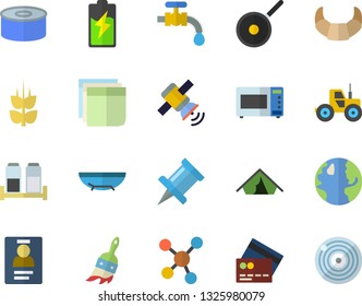 Color flat icon set teflon flat vector, microwave, spice, croissant, canned food, ear, tractor, paint brush, water tap, battery, earth, molecules, badge, sticker, satellit, tent fector, credit card