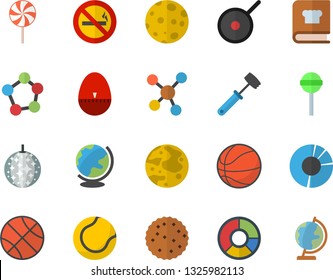 Color flat icon set teflon flat vector, kitchen egg timer, meat hammer, cookbook, lollipop, biscuit, molecules, clircle diagram, moon, basketball, tennis ball, disco fector, no smoking, globe