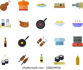 Color flat icon set teflon flat vector, cook hat, double boiler, spice, sauce, spaghetti on a fork, soup, chicken, shashlik, fish rolls, canape, mustard