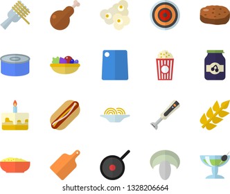 Color flat icon set teflon flat vector, cutting board, induction cooker, blender, canned food, spaghetti on a fork, hot dog, mushroom, cake, salad, porridge, chicken, cutlet, popcorn, jam, ear