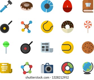Color flat icon set teflon flat vector, kitchen egg timer, meat hammer, cookbook, donut, lollipop, biscuit, molecules, clircle diagram, document, tennis ball, camera fector, globe
