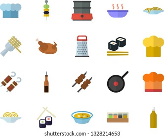 Color flat icon set teflon flat vector, cook hat, double boiler, spice, grater, sauce, spaghetti on a fork, soup, chicken, shashlik, fish rolls, canape, mustard