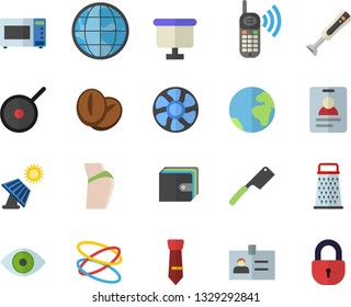 Color flat icon set teflon flat vector, knives, microwave, blender, grater, coffee beans, ventilation, solar battery, earth, purse, phone call, flipchart, eye, tie, buttocks, hoop, fector, badge