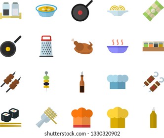Color flat icon set teflon flat vector, cook hat, spice, grater, spaghetti, sauce, on a fork, soup, chicken, shashlik, fish rolls, canape, mustard