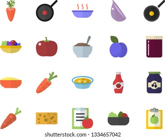 Color flat icon set teflon flat vector, cheese, salad, soup, porridge, carrot, garlic, tomato, jam, plum, ketchup, diet
