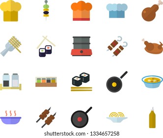 Color flat icon set teflon flat vector, cook hat, double boiler, spice, spaghetti on a fork, soup, chicken, shashlik, fish rolls, canape, mustard