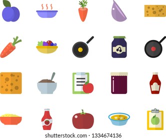 Color flat icon set teflon flat vector, ketchup, cheese, salad, soup, porridge, carrot, garlic, tomato, jam, plum, diet