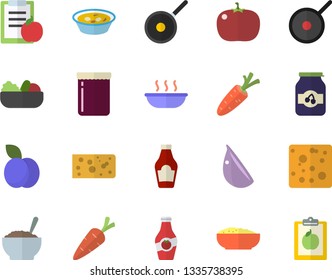 Color flat icon set teflon flat vector, ketchup, cheese, salad, soup, porridge, garlic, tomato, jam, plum, carrot, diet