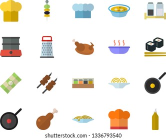 Color flat icon set teflon flat vector, cook hat, double boiler, spice, grater, spaghetti, soup, chicken, shashlik, fish rolls, canape, mustard