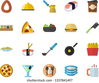 Color flat icon set teflon flat vector, ladle, knives, turk, spice, dish, table setting, plates, sausage, spaghetti, hamburger, pizza, salad, French fries, sashimi, cocktail, coffe, tea