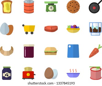 Color flat icon set teflon flat vector, weighing machine, cutting board, toaster, egg, chop, croissant, canned food, hamburger, salad, soup, whiskey, jam, sandwich, biscuit, carrot, grocery trolley