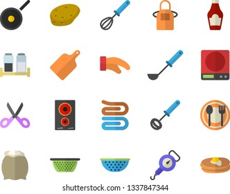 Color flat icon set teflon flat vector, weighing machine, colander, spring balance, apron, potholder, ladle, whisk, towel, scissors, cutting board, induction cooker, spice, flour, table setting