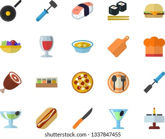 Color flat icon set teflon flat vector, cook hat, kitchen spatula, knives, meat hammer, cutting board, spice, table setting, hamburger, hot dog, pizza, salad, soup, ham, fish rolls, sashimi, wine