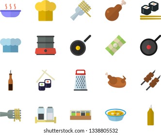 Color flat icon set teflon flat vector, cook hat, double boiler, spice, grater, spaghetti, sauce, on a fork, soup, chicken, shashlik, fish rolls, mustard
