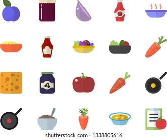 Color flat icon set teflon flat vector, ketchup, cheese, salad, soup, porridge, carrot, garlic, tomato, jam, plum, diet
