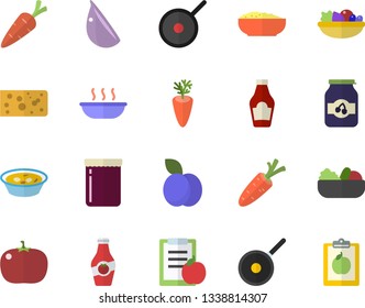 Color flat icon set teflon flat vector, ketchup, cheese, salad, soup, porridge, carrot, garlic, tomato, jam, plum, diet
