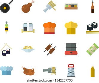 Color flat icon set teflon flat vector, cook hat, double boiler, spice, grater, spaghetti, sauce, on a fork, chicken, shashlik, fish rolls, canape, mustard