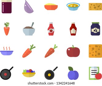 Color flat icon set teflon flat vector, ketchup, cheese, salad, soup, porridge, carrot, garlic, tomato, jam, plum, diet