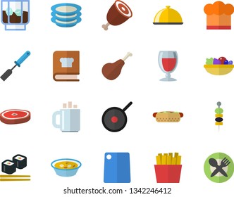 Color flat icon set teflon flat vector, cook hat, kitchen spatula, cutting board, cookbook, dish, plates, ham, hot dog, salad, soup, chop, French fries, fish rolls, wine, whiskey, canape, coffee