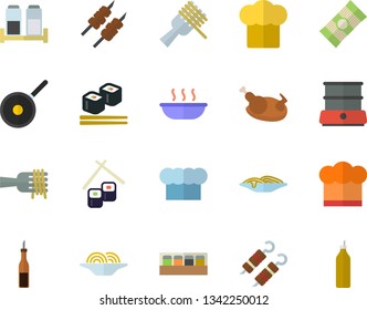 Color flat icon set teflon flat vector, cook hat, double boiler, spice, spaghetti, sauce, on a fork, soup, chicken, shashlik, fish rolls, mustard