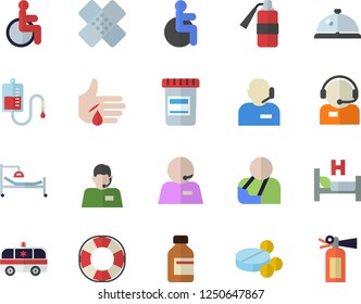 Color flat icon set telephone operator flat vector, pills, vial, blood transfusion, disabled, hospital bed, injury, ambulance, patch, phone, lifebuoy fector, jingle, fire extinguisher