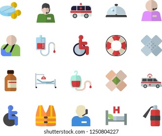 Color flat icon set telephone operator flat vector, pills, vial, blood transfusion, disabled, hospital bed, injury, ambulance, patch, phone, life vest fector, lifebuoy, jingle, fire extinguisher