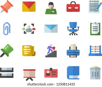 Color flat icon set telephone operator flat vector, flipchart, briefcase, clipboard, drawing pin, document, abacus, recruitment, badge, office chair, printer, paper tray, career ladder, book, mail