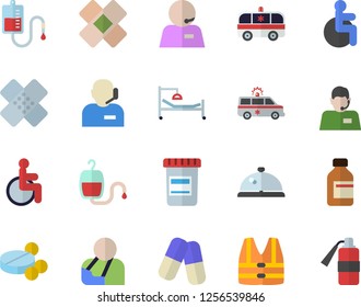 Color flat icon set telephone operator flat vector, pills, vial, blood transfusion, disabled, hospital bed, injury, ambulance, patch, phone, life vest fector, jingle, fire extinguisher