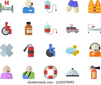 Color flat icon set telephone operator flat vector, pills, vial, blood transfusion, disabled, hospital bed, injury, ambulance, patch, phone, life vest fector, lifebuoy, jingle, fire extinguisher