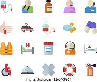 Color flat icon set telephone operator flat vector, pills, vial, blood transfusion, disabled, hospital bed, injury, ambulance, patch, phone, life vest fector, lifebuoy, jingle, fire extinguisher