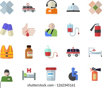 Color flat icon set telephone operator flat vector, pills, vial, blood transfusion, disabled, hospital bed, injury, ambulance, patch, life vest fector, jingle, fire extinguisher