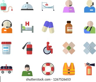 Color flat icon set telephone operator flat vector, pills, vial, blood transfusion, disabled, hospital bed, injury, ambulance, patch, phone, life vest fector, lifebuoy, jingle, fire extinguisher
