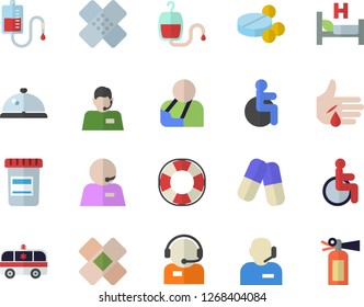 Color flat icon set telephone operator flat vector, pills, vial, blood transfusion, disabled, hospital bed, injury, ambulance, patch, phone, lifebuoy fector, jingle, fire extinguisher