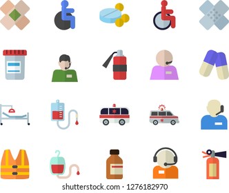 Color flat icon set telephone operator flat vector, pills, vial, blood transfusion, disabled, hospital bed, ambulance, patch, phone, life vest fector, fire extinguisher