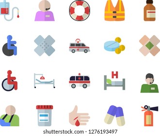 Color flat icon set telephone operator flat vector, pills, vial, blood transfusion, disabled, hospital bed, injury, ambulance, patch, phone, life vest fector, lifebuoy, fire extinguisher