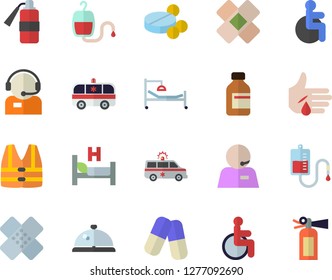 Color flat icon set telephone operator flat vector, pills, vial, blood transfusion, disabled, hospital bed, injury, ambulance, patch, phone, life vest fector, jingle, fire extinguisher