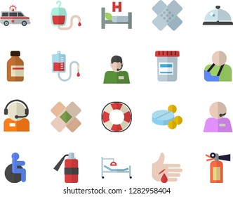 Color flat icon set telephone operator flat vector, pills, vial, blood transfusion, disabled, hospital bed, injury, ambulance, patch, phone, lifebuoy fector, jingle, fire extinguisher