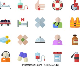 Color flat icon set telephone operator flat vector, pills, vial, blood transfusion, disabled, hospital bed, injury, ambulance, patch, phone, life vest fector, lifebuoy, jingle, fire extinguisher