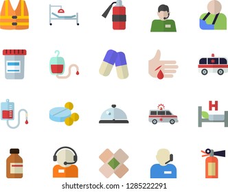 Color flat icon set telephone operator flat vector, pills, vial, blood transfusion, hospital bed, injury, ambulance, patch, phone, life vest fector, jingle, fire extinguisher
