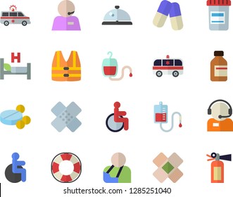 Color flat icon set telephone operator flat vector, pills, vial, blood transfusion, disabled, hospital bed, injury, ambulance, patch, phone, life vest fector, lifebuoy, jingle, fire extinguisher